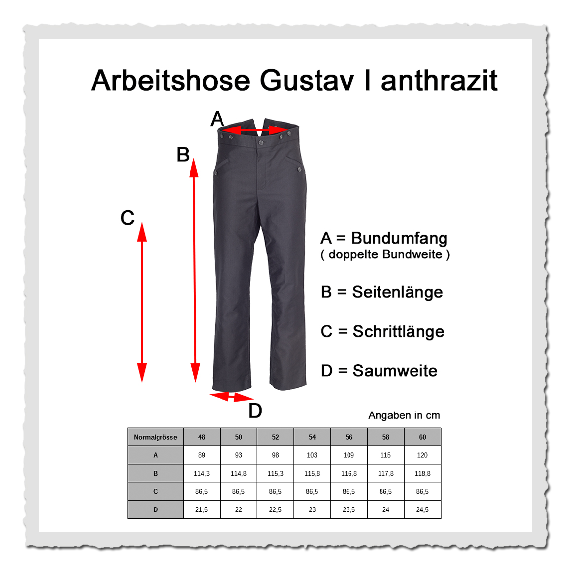 Masstabelle Retronia Arbeiterhose Gustav I anthrazit inspiriert von 1920er Jahre Workerpants